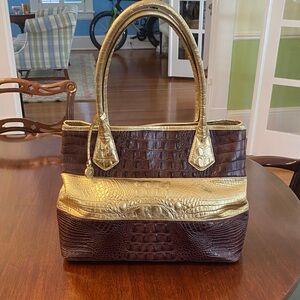 Brahmin Vintage Gold Brown Embossed Leather Tote Shoulder Bag Purse